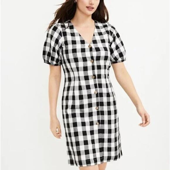 LOFT Gingham Plaid Linen Rayon Button Up Dress Size 2 Black White V-Neck NEW - Picture 1 of 8